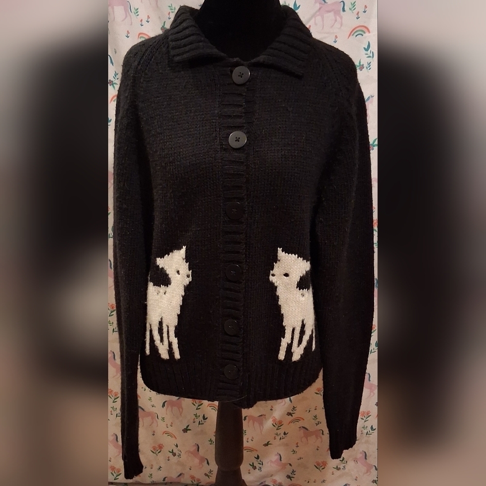EUC RARE Vintage Y2K Ines De La Fressange Uniqlo Deer Fawn Cardigan Sweater SZ L